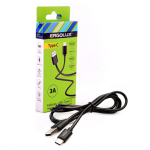 ERGOLUX (Кабель USB-Type C, 3А, 1,2м, Черный, Зарядка+Передача данных, Коробка) Силикон (1/10/240)