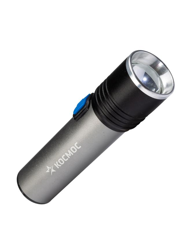 Фонарь аккумуляторный ручной LED 3Вт линза зум аккум. Li-ion 18650 1.2А.ч USB-шнур анодир. алюм. КОСМОС