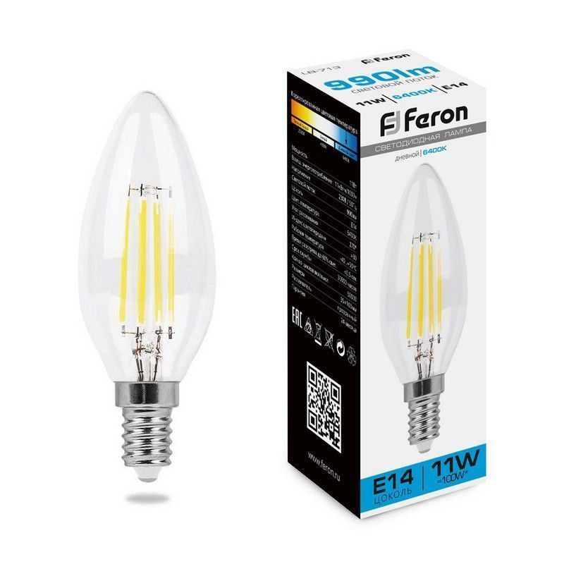 Лампа светодиодная, (11W) 230V E14 6400K FILAMENT, LB-713 Feron