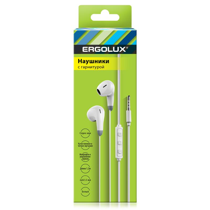 ERGOLUX (Наушники вкладыши с микрофоном проводные, 3.5мм, 1,2м, Белые, Коробка)