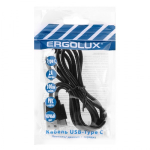 ERGOLUX ПРОМО (Кабель USB-Type C, 2А, 1м, Черный, Зарядка+Передача данных, Пакет) (1/10/360)